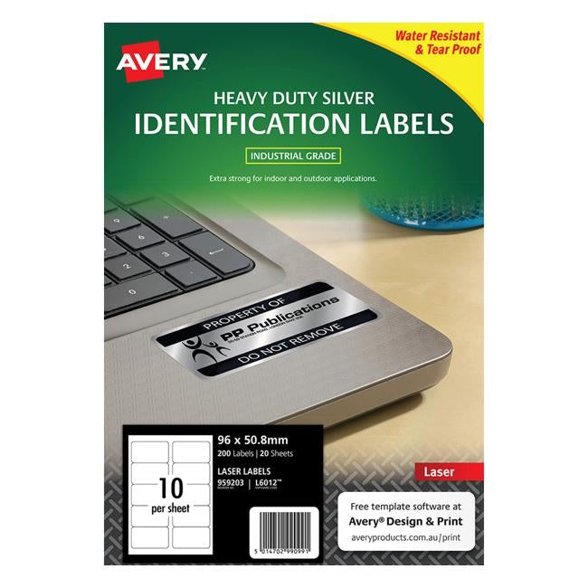 Avery Heavy Duty Id Label L6012 Silver 10 Up 20 Sheets Laser 96x50.8mm-Officecentre