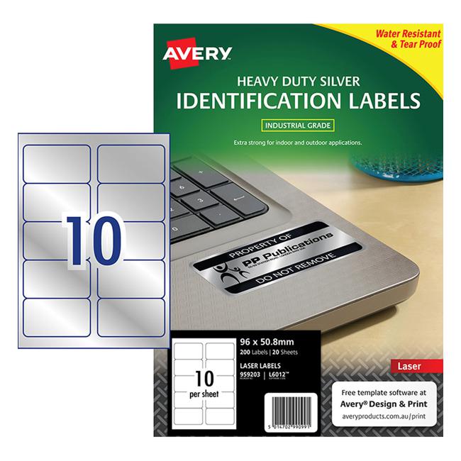 Avery Heavy Duty Id Label L6012 Silver 10 Up 20 Sheets Laser 96x50.8mm-Officecentre