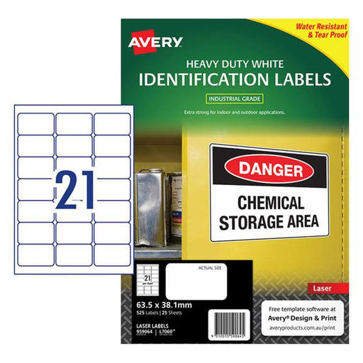 Avery Heavy Duty Id Label L7060 White 21 Up 25 Sheets Laser 63.5×38.1mm-Officecentre