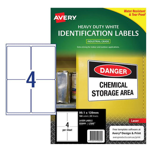 Avery Heavy Duty Id Label L7069 White 4 Up 25 Sheets Laser 99.1x139mm-Officecentre