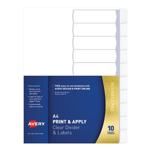 Avery Indexmaker A4 10 Tab Clear With Easy Apply Label L7455-10-Officecentre