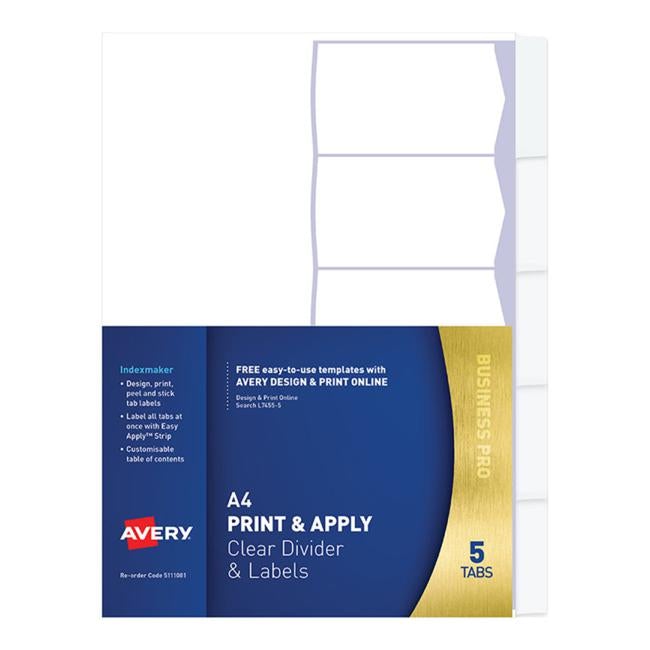 Avery Indexmaker A4 5 Tab Clear With Easy Apply Label L7455-5-Officecentre