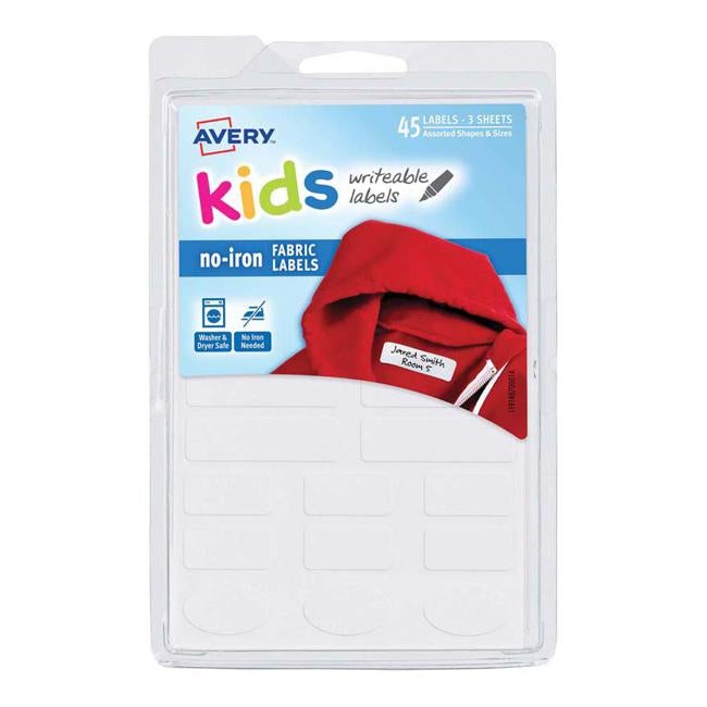 Avery Label Kids No-Iron Fabric Assorted Shape And Size 15up 3 Sheets-Officecentre