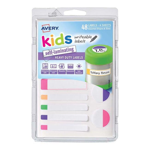 Avery Label Kids Self Laminating Bright Assorted Size And Shape 12up 4 Sheets-Officecentre
