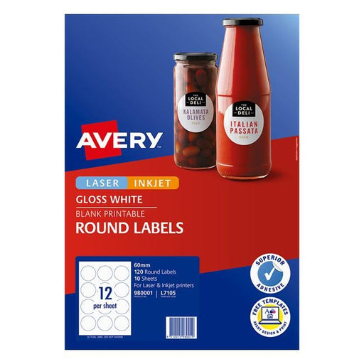 Avery Label L7105 Round White Glossy 60mm 12up 10 Sheets-Officecentre