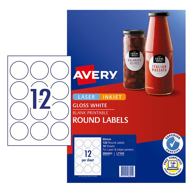 Avery Label L7105 Round White Glossy 60mm 12up 10 Sheets-Officecentre