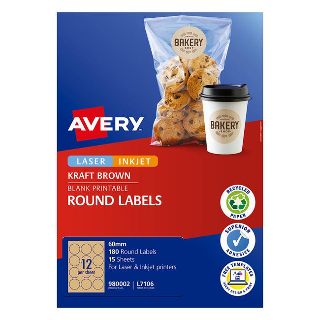 Avery Label L7106 Round Kraft 60mm 12up 15 Sheets-Officecentre