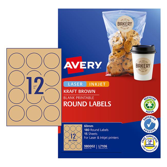 Avery Label L7106 Round Kraft 60mm 12up 15 Sheets-Officecentre