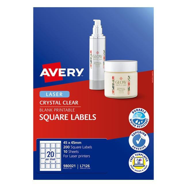 Avery Label L7126 Square Crystal Clear 20up 10 Sheets-Officecentre