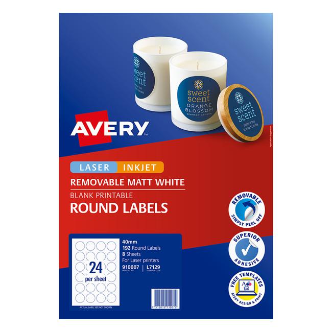 Avery Label L7129 Round Matte White 40mm 24up 8 Sheets-Officecentre