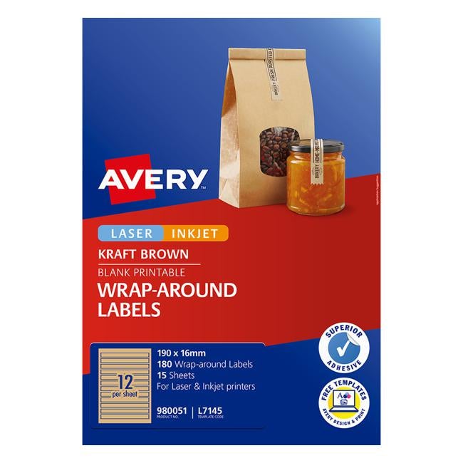 Avery Label L7145 Wrapround Kraft Inkjet 190x16mm 12up 15 Sheets Laser-Officecentre