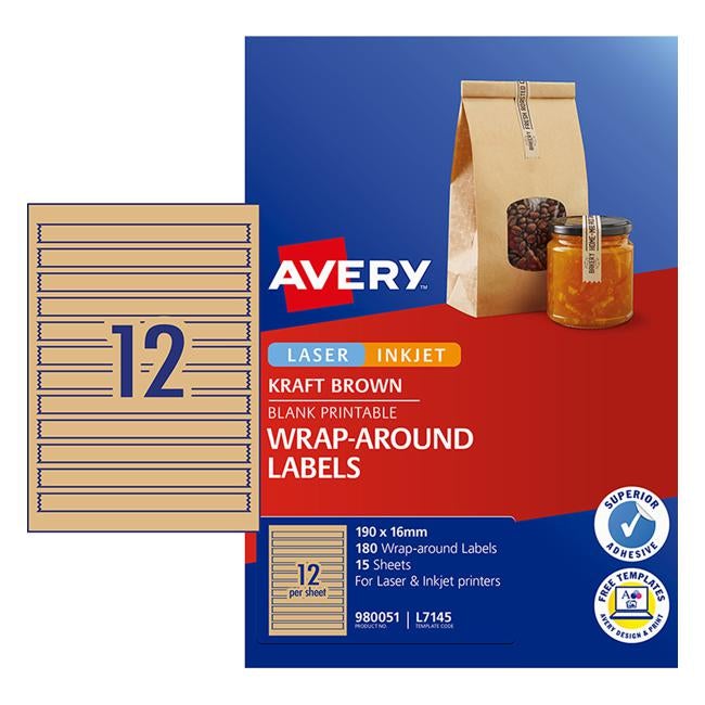 Avery Label L7145 Wrapround Kraft Inkjet 190x16mm 12up 15 Sheets Laser-Officecentre