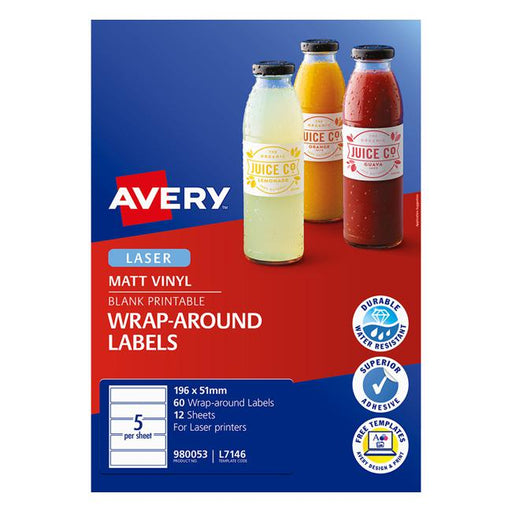 Avery Label L7146 Wrapround White Durable 5 Up 12 Sheets Laser 196x51mm-Officecentre