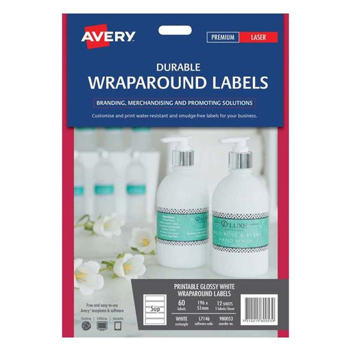 Avery Label L7146 Wrapround White Durable 5 Up 12 Sheets Laser 196x51mm-Officecentre