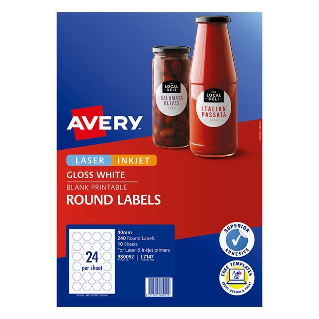 Avery Label L7147 White Gloss Round 40mm 24up 10 Sheets-Officecentre