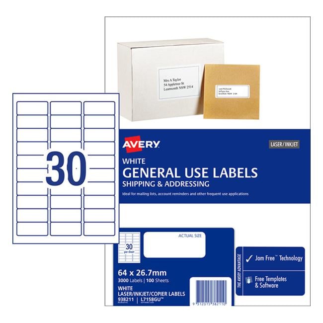 Avery Label L7158 General Use 64×26.7mm 100 Sheets-Officecentre