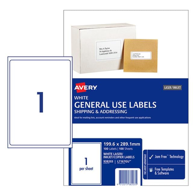 Avery Label L7167 General Use A4 1/Sheet 100 Sheets-Officecentre