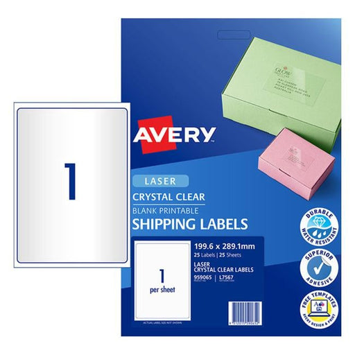 Avery Label L7567-25 Crystal Clear 199.6×289.1mm 25 Sheets-Officecentre