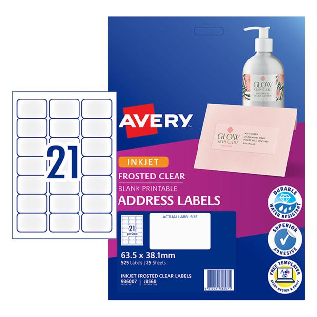 Avery Label Permanent J8560 Frosted Clear 21 Up 25 Sheets Inkjet 63.5mmx38.1mm-Officecentre