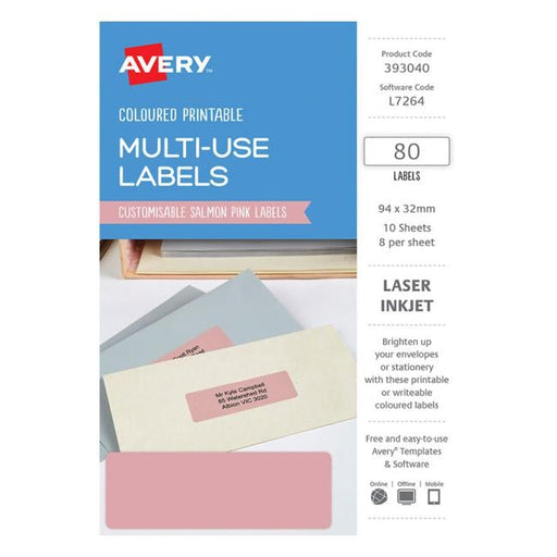 Avery Labels L7264 Salmon 32×94 A5 8 Up Pack 10-Officecentre