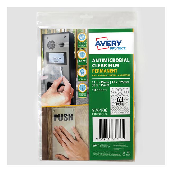 Avery Protect Anti-Microbial Film Permanent Mixed Circles A4 63up 10 Sheets-Officecentre