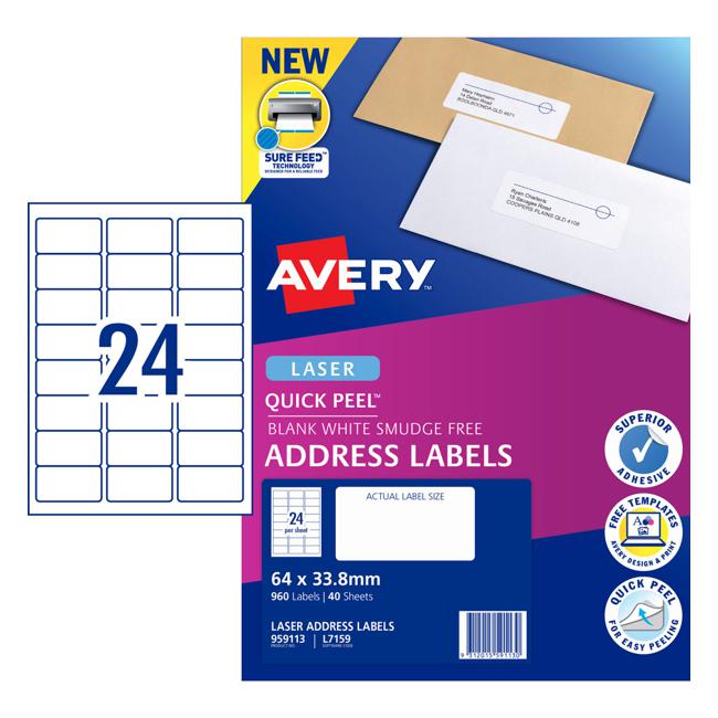 Avery Quick Peel Address Labels L7159 White 64x33.8 24up 40 Sheet-Officecentre