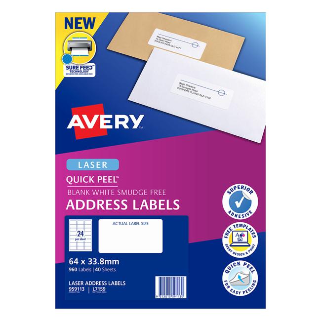 Avery Quick Peel Address Labels L7159 White 64x33.8 24up 40 Sheet-Officecentre