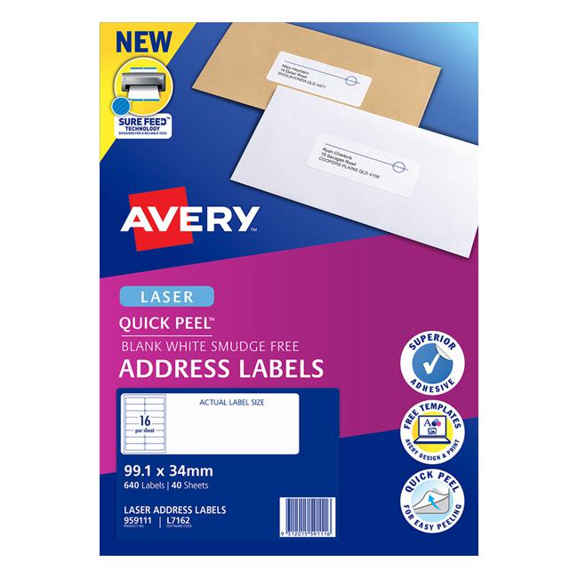 Avery Quick Peel Address Labels L7162 White 99.1x34 16up 40 Sheets-Officecentre