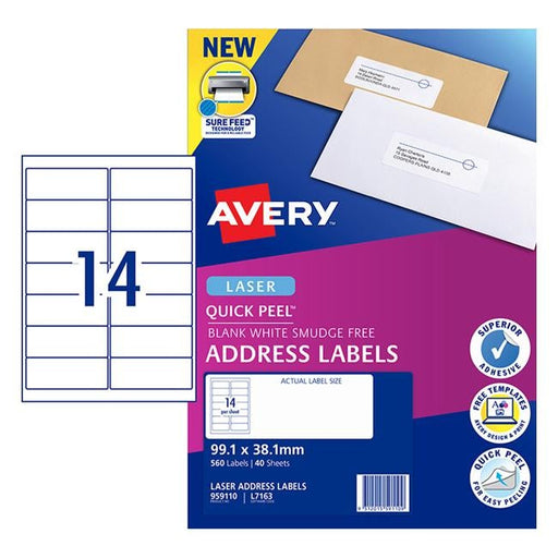 Avery Quick Peel Address Labels L7163 White 99.1x38.1mm 14up 40 Sheets-Officecentre