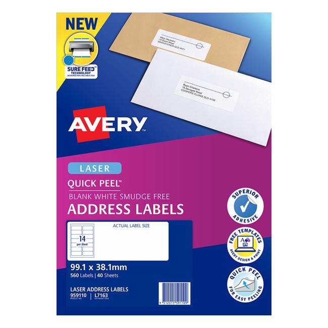 Avery Quick Peel Address Labels L7163 White 99.1x38.1mm 14up 40 Sheets-Officecentre