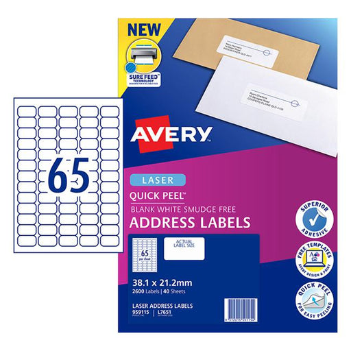 Avery Quick Peel Address Labels L7651 White 38.1x21.2mm 65up 40 Sheets-Officecentre