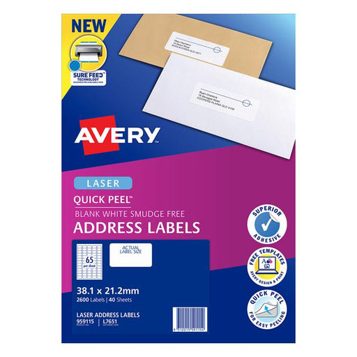 Avery Quick Peel Address Labels L7651 White 38.1x21.2mm 65up 40 Sheets-Officecentre