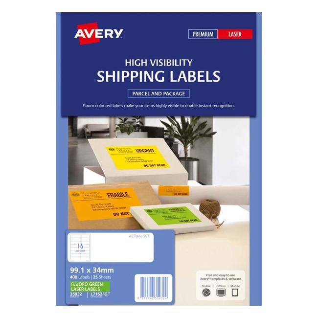 Avery Shipping Label L7162FG Fluoro Green 99.1x34mm 16up 25 Sheets Laser-Officecentre