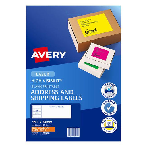 Avery Shipping Label L7162FO Fluoro Orange Laser 99.1x34mm 16up 25 Sheets-Officecentre