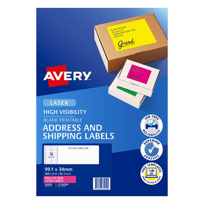 Avery Shipping Label L7162FP Fluoro Pink Laser 99.1x34mm 16up 25 Sheets-Officecentre