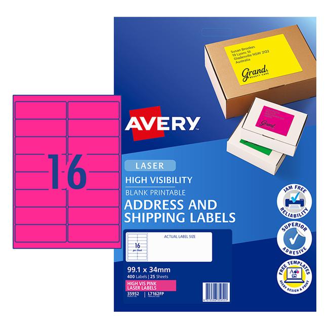 Avery Shipping Label L7162FP Fluoro Pink Laser 99.1x34mm 16up 25 Sheets-Officecentre