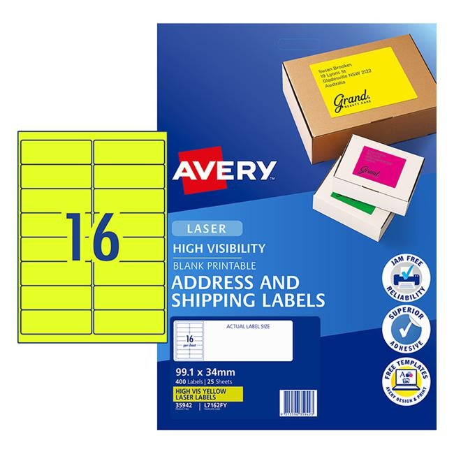 Avery Shipping Label L7162FY Fluoro Yellow Laser 99.1x34mm 16up 25 Sheets-Officecentre