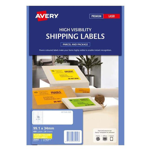 Avery Shipping Label L7162FY Fluoro Yellow Laser 99.1x34mm 16up 25 Sheets-Officecentre