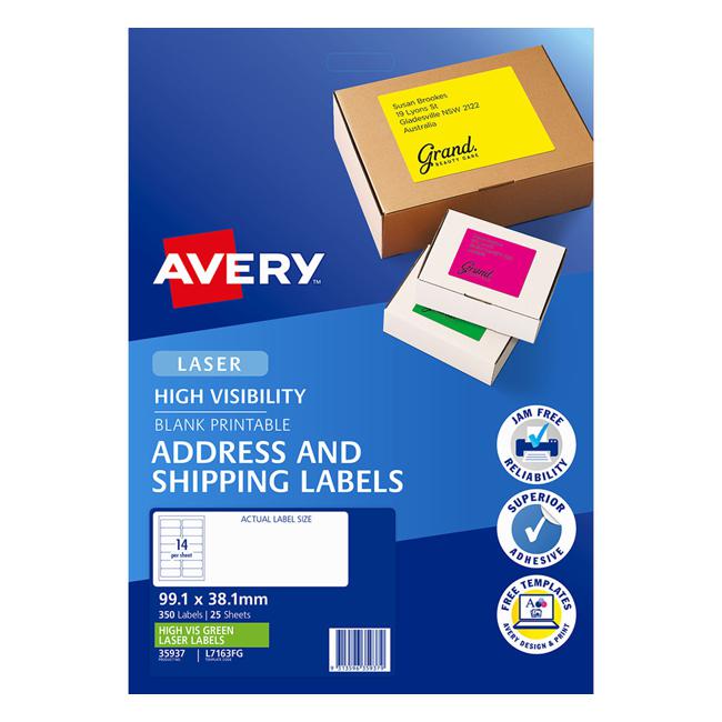 Avery Shipping Label L7163FG Fl Green Laser 99.1x38.1mm 14up 25 Sheets-Officecentre