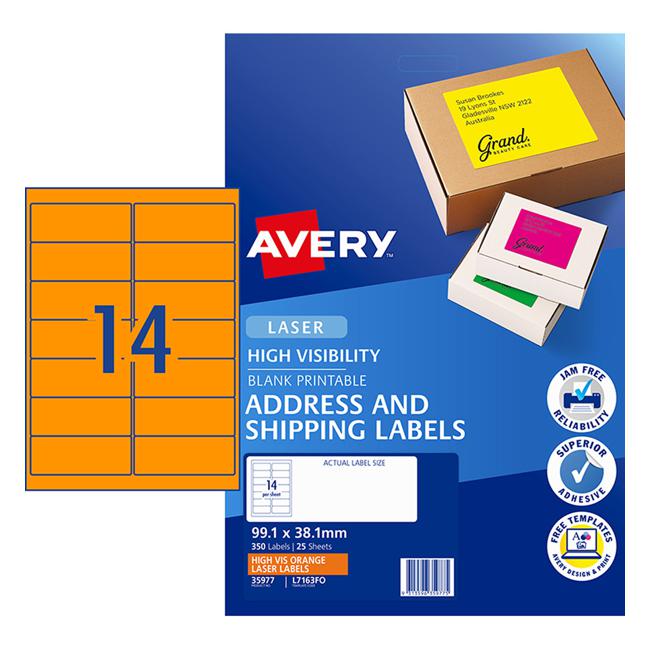 Avery Shipping Label L7163FO Flo Orange Laser 99.1x38.1mm 14up 25 Sheets-Officecentre