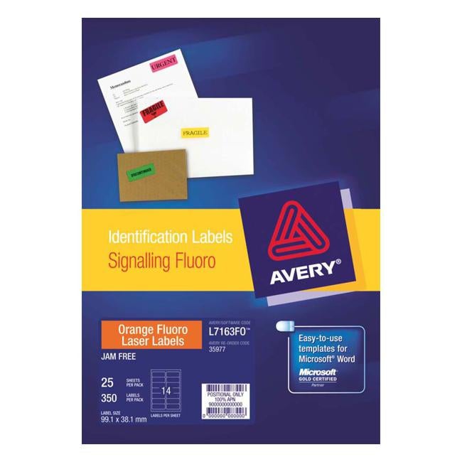 Avery Shipping Label L7163FO Flo Orange Laser 99.1x38.1mm 14up 25 Sheets-Officecentre