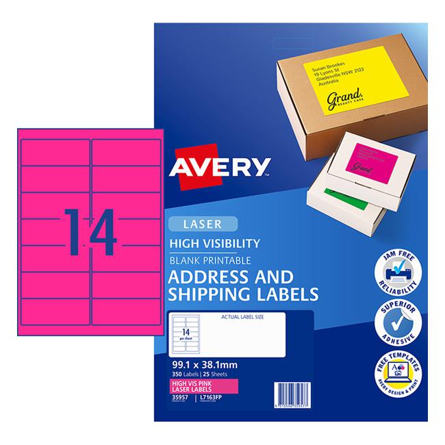 Avery Shipping Label L7163FP Flo Pink Laser 99.1x38.1mm 14up 25 Sheets-Officecentre