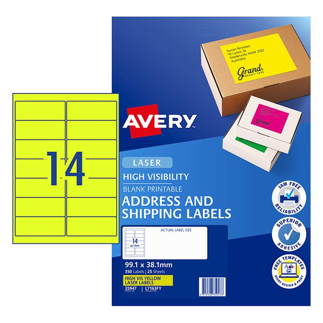 Avery Shipping Label L7163FY Flo Yellow Laser 99.1x38.1mm 14up 25 Sheets-Officecentre