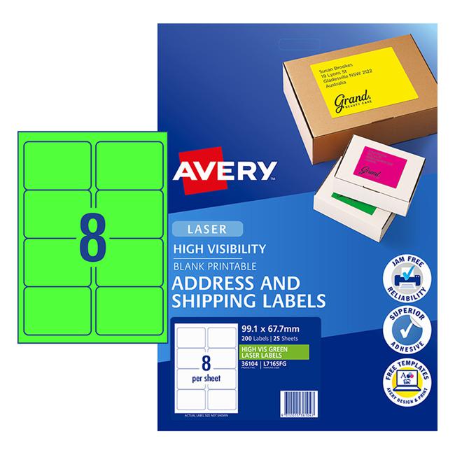 Avery Shipping Label L7165FG Fluoro Green 99.1x67.7mm 8up 25 Sheets-Officecentre