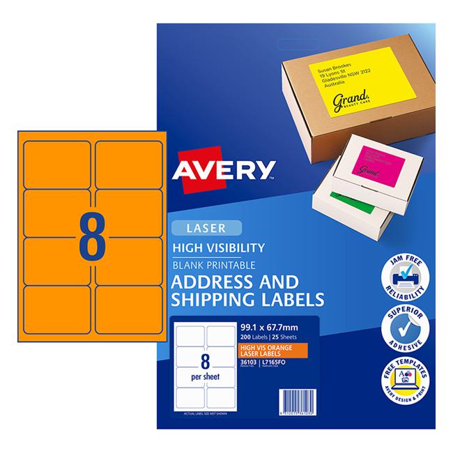 Avery Shipping Label L7165FO Fluoro Orange 99.1x67.7mm 8up 25 Sheets-Officecentre