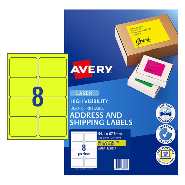 Avery Shipping Label L7165FY Fluoro Yellow 99.1x67.7mm 8up 25 Sheets-Officecentre