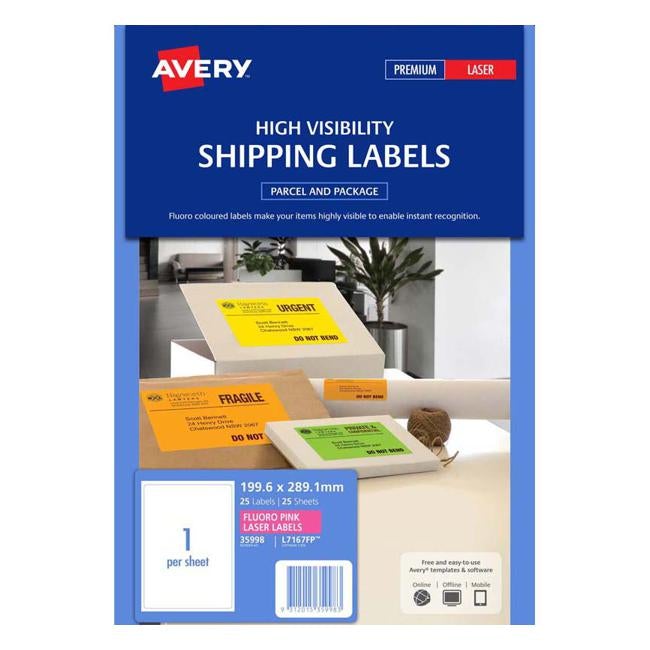 Avery Shipping Label L7167FP Flo Pink Laser 199.6 X 289.1mm 1up 25 Sheets-Officecentre