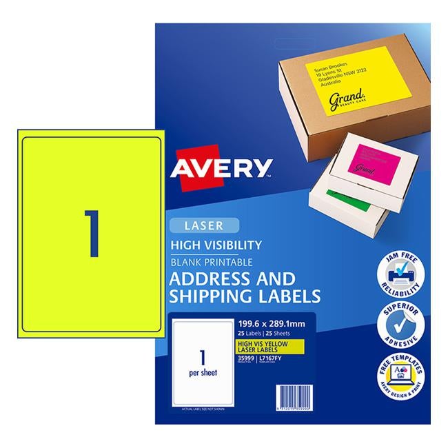 Avery Shipping Label L7167FY Flo Yellow Laser 199.6x289.1mm 1up 25 Sheets-Officecentre