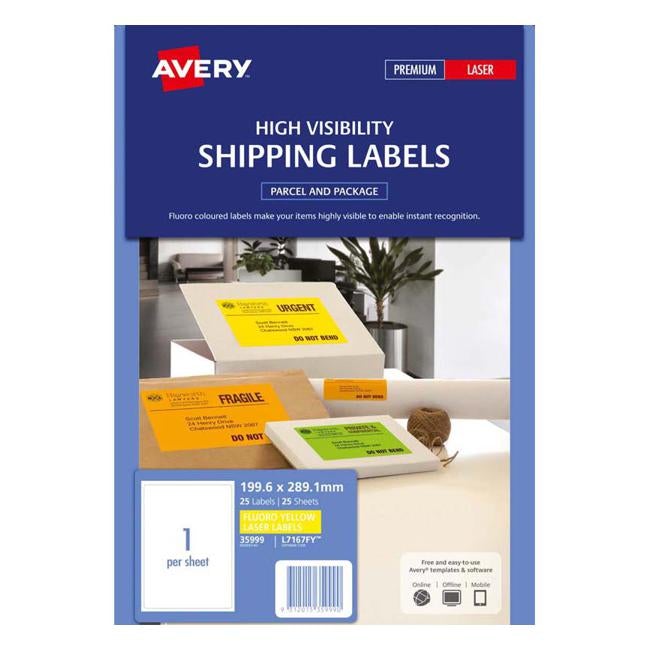 Avery Shipping Label L7167FY Flo Yellow Laser 199.6x289.1mm 1up 25 Sheets-Officecentre