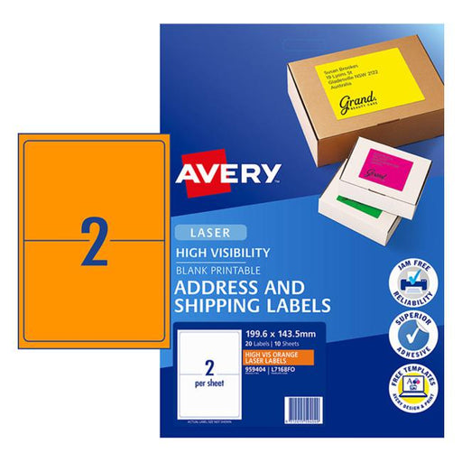 Avery Shipping Label L7168fo  Fluoro Orange 2 Up 10 Sheets  Laser 199.6×143.5mm-Officecentre